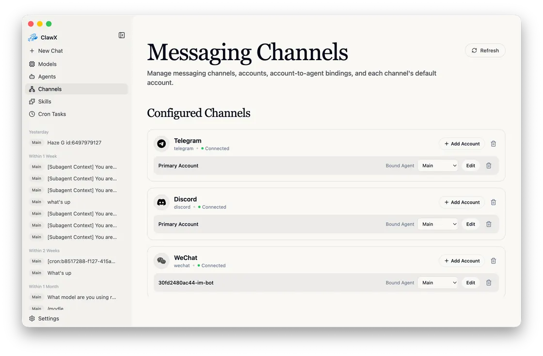 DingTalk / Feishu / WeCom / WhatsApp / Telegram / Discord / QQ preview
